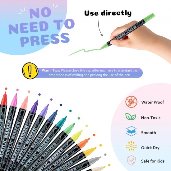 Marker Acrylic ,Dual Tip Paint |Water Soluble Coloring with Fine Tip and Dot Tip Marker Pens